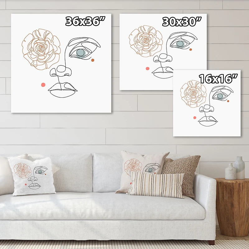 Female Face one Line Drawing with Minimal Shapes Canvas Wall Art Print
