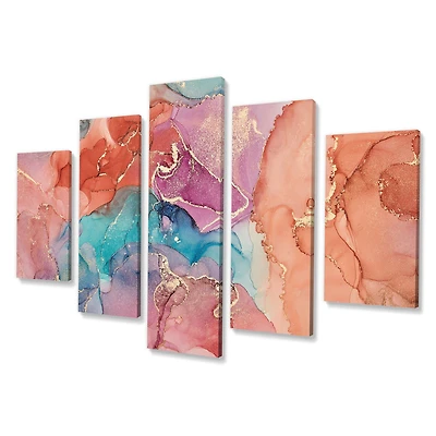 Turquoise and Brown Luxury Abstract Fluid Art II -5 Pieces Canvas Wall Print