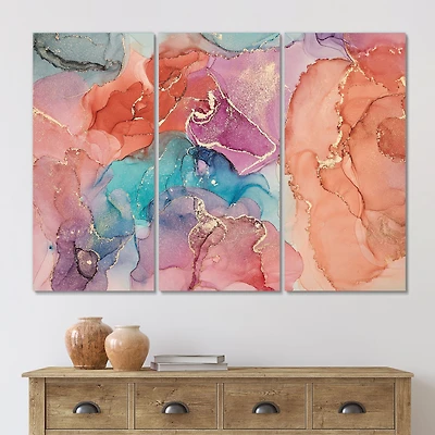 Turquoise and Brown 3 Pieces Luxury Abstract Fluid Art II  Canvas Wall Print