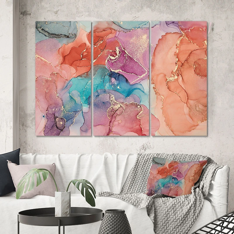 Turquoise and Brown 3 Pieces Luxury Abstract Fluid Art II  Canvas Wall Print