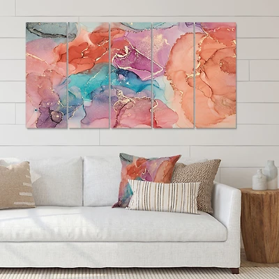 Turquoise and Brown Luxury Abstract Fluid Art II -5 Pieces Canvas Wall Print