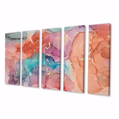 Turquoise and Brown Luxury Abstract Fluid Art II -5 Pieces Canvas Wall Print