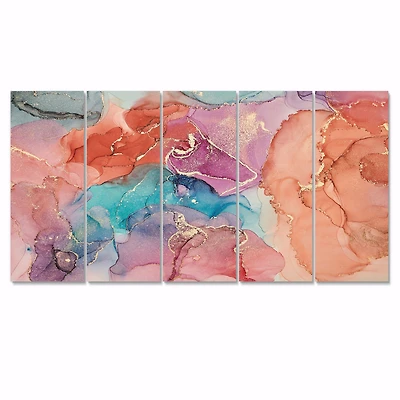 Turquoise and Brown Luxury Abstract Fluid Art II -5 Pieces Canvas Wall Print