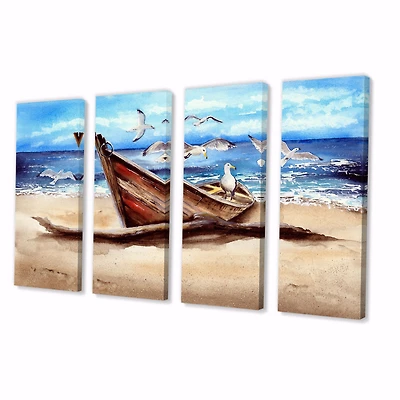 An Old Fishing Boat on The Sandy Beach Canvas Wall Art Print - 4-5 Panels