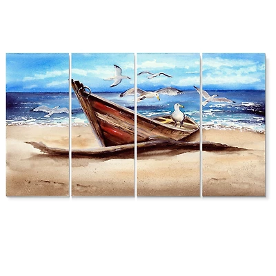 An Old Fishing Boat on The Sandy Beach Canvas Wall Art Print - 4-5 Panels