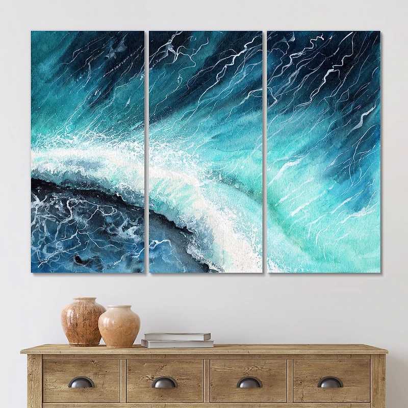 Navy Blue Ocean Waves with White Seafoam I Canvas Wall Art Print - 3 Panels