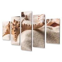 Close Up of Starfish and Seashell on Light Sand Canvas Wall Art Print Panels