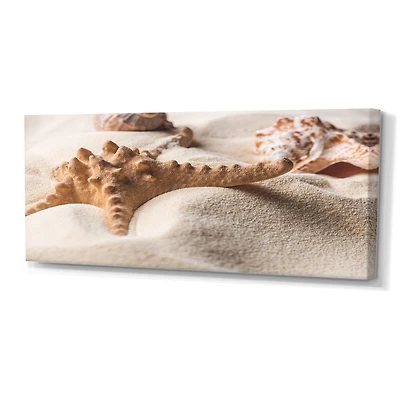 Close Up of Starfish and Seashell on Light Sand Canvas Wall Art Print