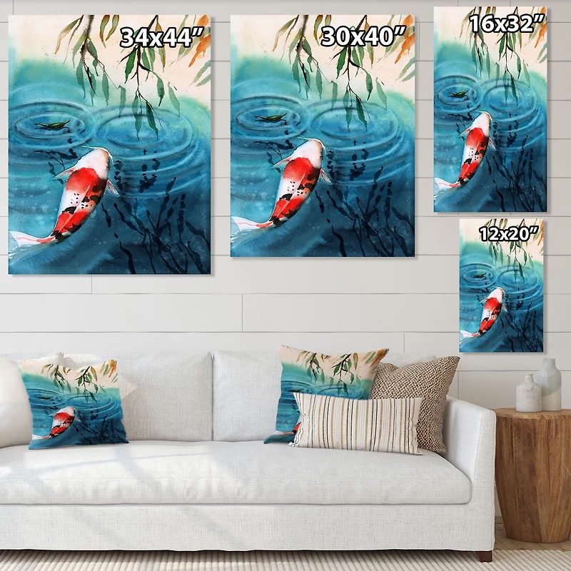 Toile imprimée « Illustration of Red Japanese Koi Carp Blue Lake »