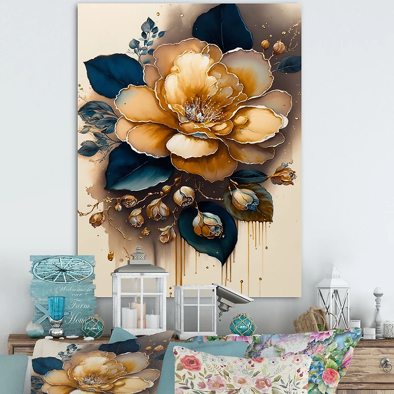 Yellow And Dark Blue Camellia Flower I Wall Art