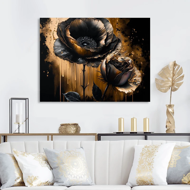 Black And Gold Popy Flowers Wall Art