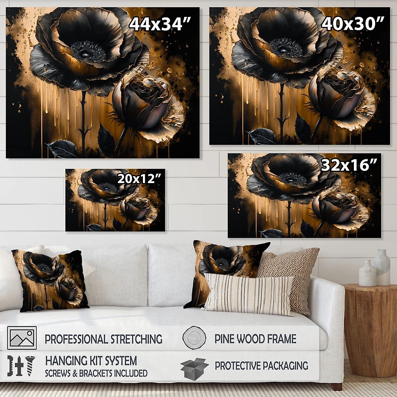 Black And Gold Popy Flowers Wall Art