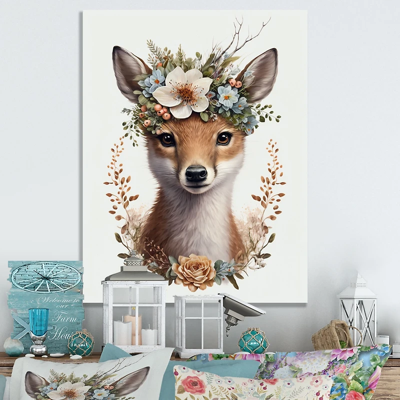 Cute Baby Fox With Floral Crown Wall Art