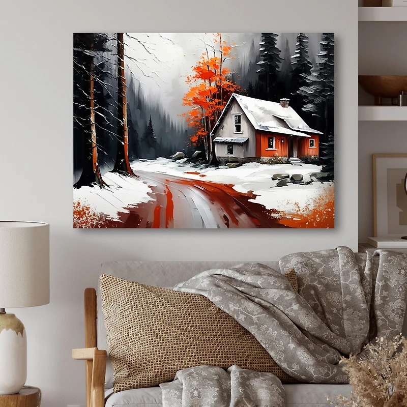 Monochrome Orange Cottage Winter IV Wall Art