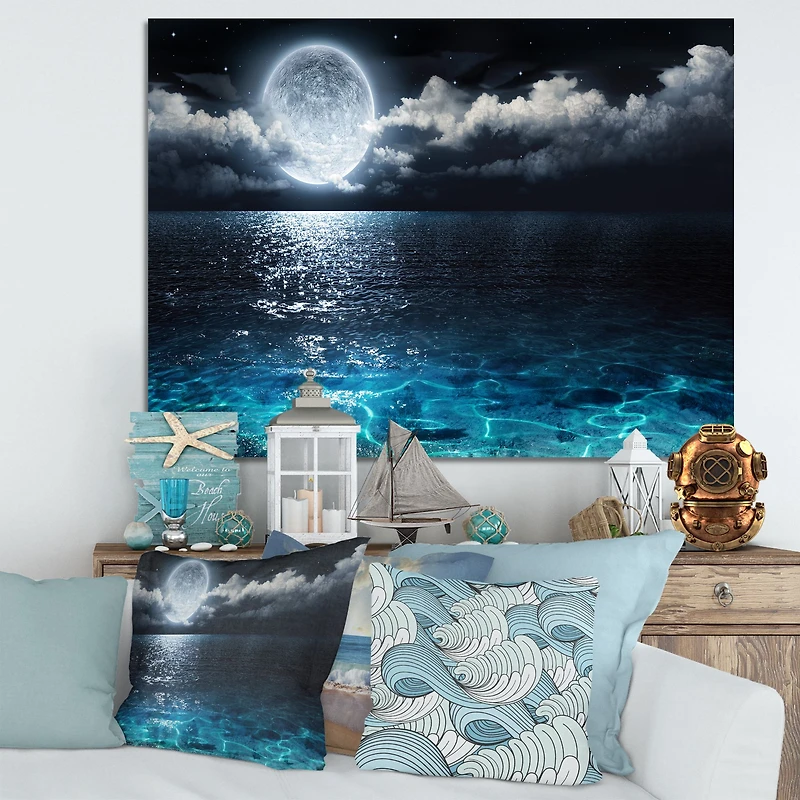 Romantic Full Moon Over Sea Canvas Art Print