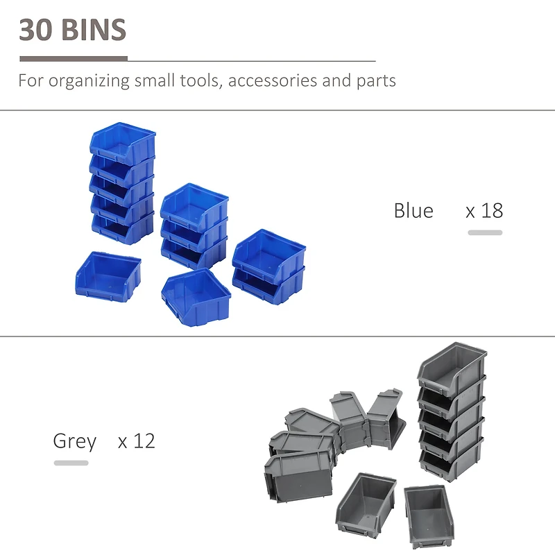 Wall-Mounted Tool Organizer with 30 Storage Bins & Pegboard