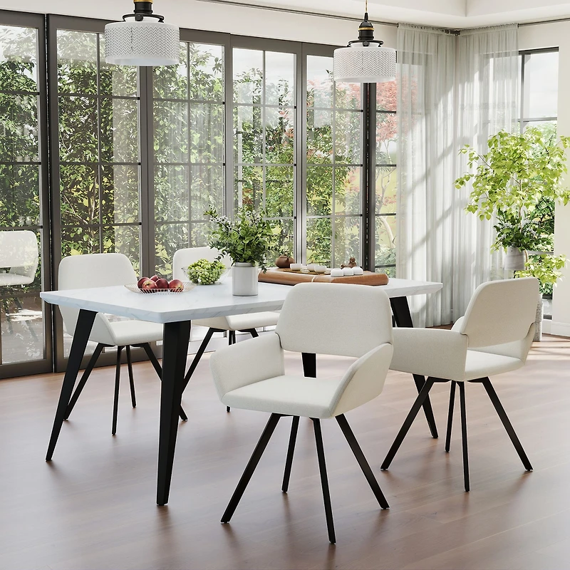 Ensemble de salle à manger en finition marbre avec chaises pivotantes beiges, ensemble de 5