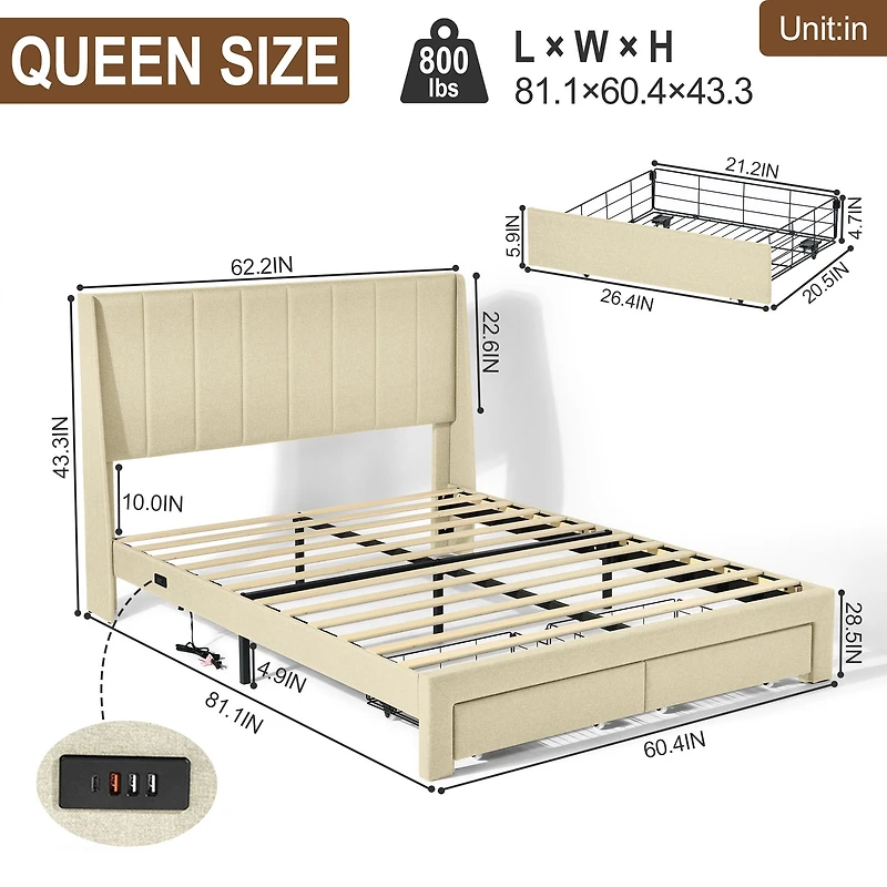 Cadre de lit Summit beige grand rembourré avec tiroirs de rangement et ports USB