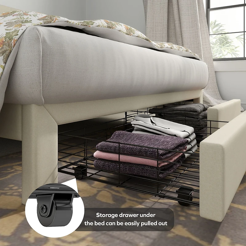 Cadre de lit Summit beige grand rembourré avec tiroirs de rangement et ports USB