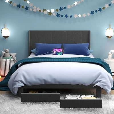 Upholstered Grey Summit Queen Bed Frame with Storage Drawers and USB Ports