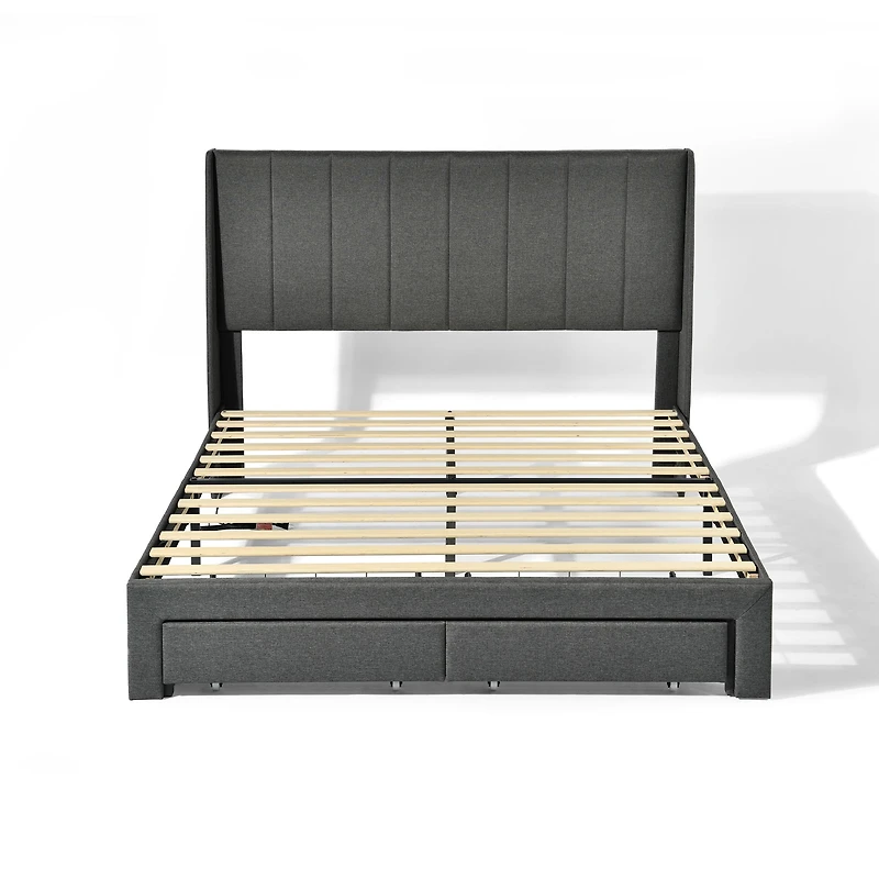Upholstered Grey Summit Queen Bed Frame with Storage Drawers and USB Ports