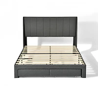 Upholstered Grey Summit Queen Bed Frame with Storage Drawers and USB Ports