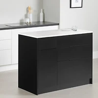 Oslo Îlot de cuisine avec porte et tiroirs - Noir mat et Faux marbre blanc
