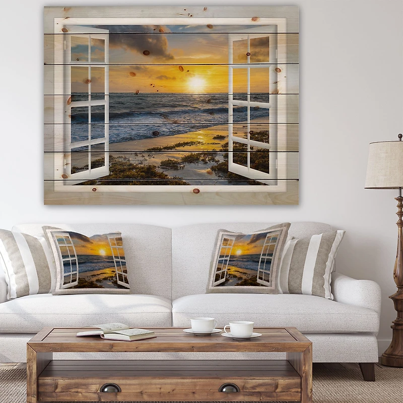 Open Window to Bright Yellow Sunset Wood Wall Art