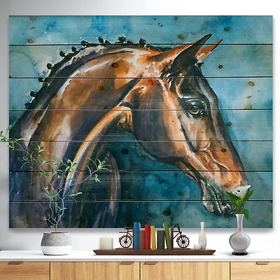 Brown Horse on Blue Watercolor Wood Wall Art