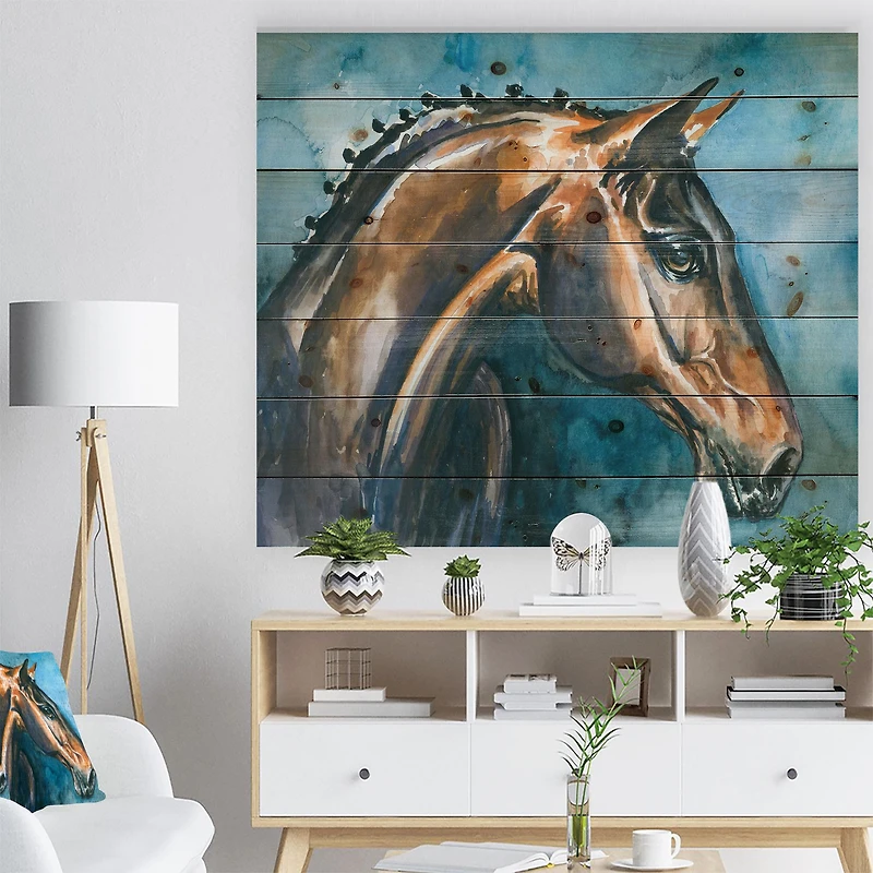 Brown Horse on Blue Watercolor Wood Wall Art