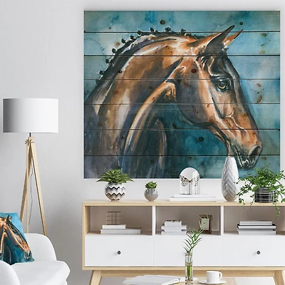 Brown Horse on Blue Watercolor Wood Wall Art