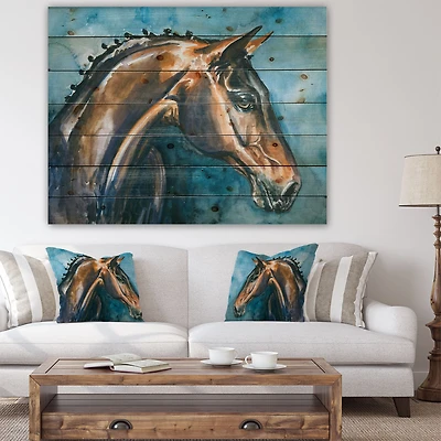 Brown Horse on Blue Watercolor Wood Wall Art
