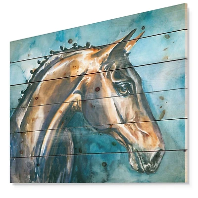 Brown Horse on Blue Watercolor Wood Wall Art