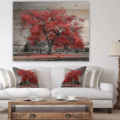 Big Red Tree on Foggy Day Wood Wall Art