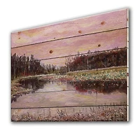 Still Life With Pink Sky River Reeds And Forest Wood Wall Art