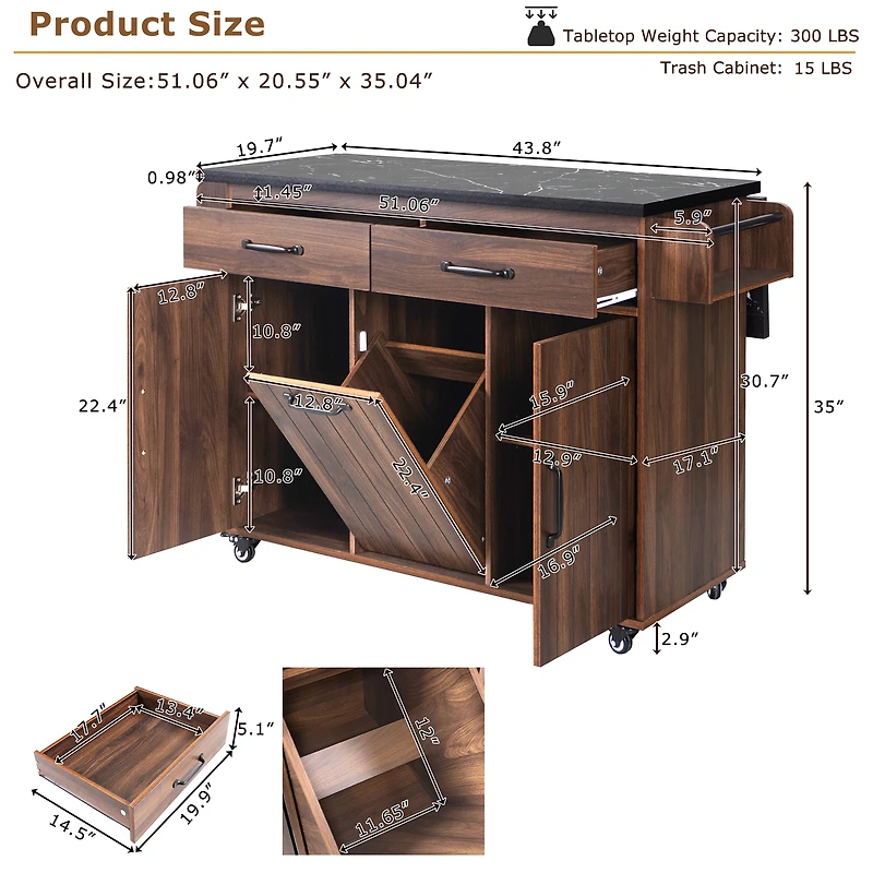 Kitchen Island with Drop Leaf Countertop - Walnut Brown