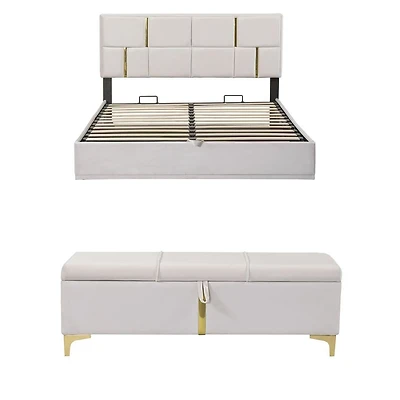 2-Piece Upholstered Bed with Storage Ottoman - Queen