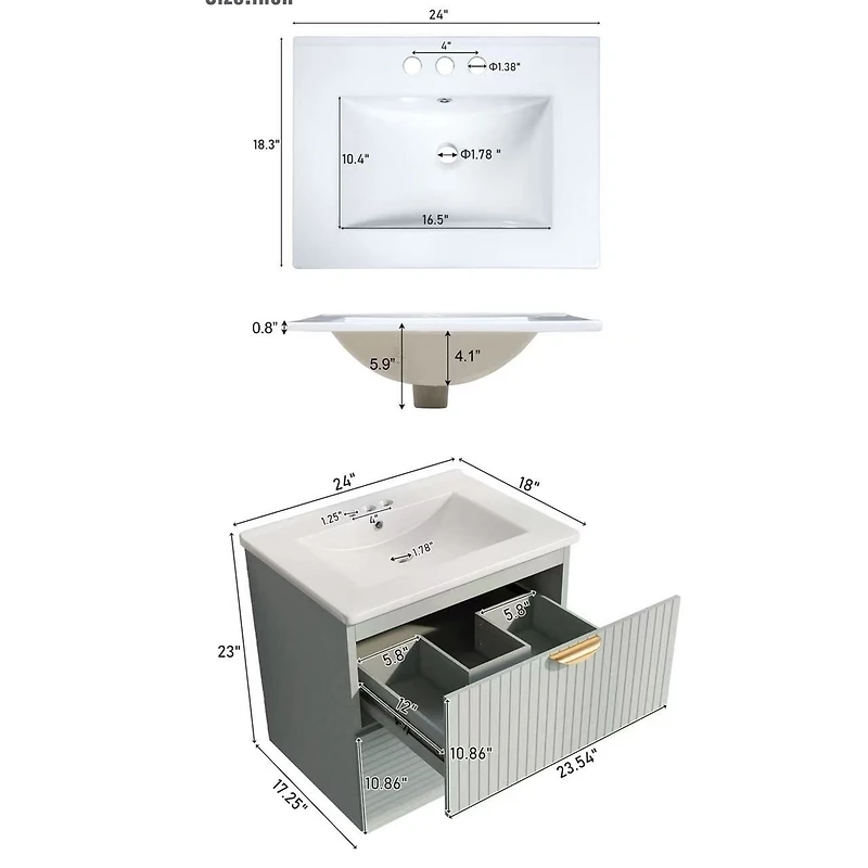Green Wall-Mounted Bathroom Vanity with Sink - 24"