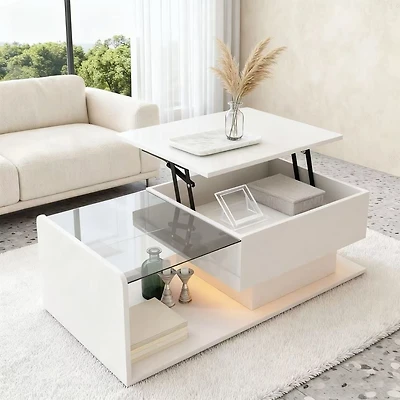 Table basse blanche brillante avec verre et éclairage LED