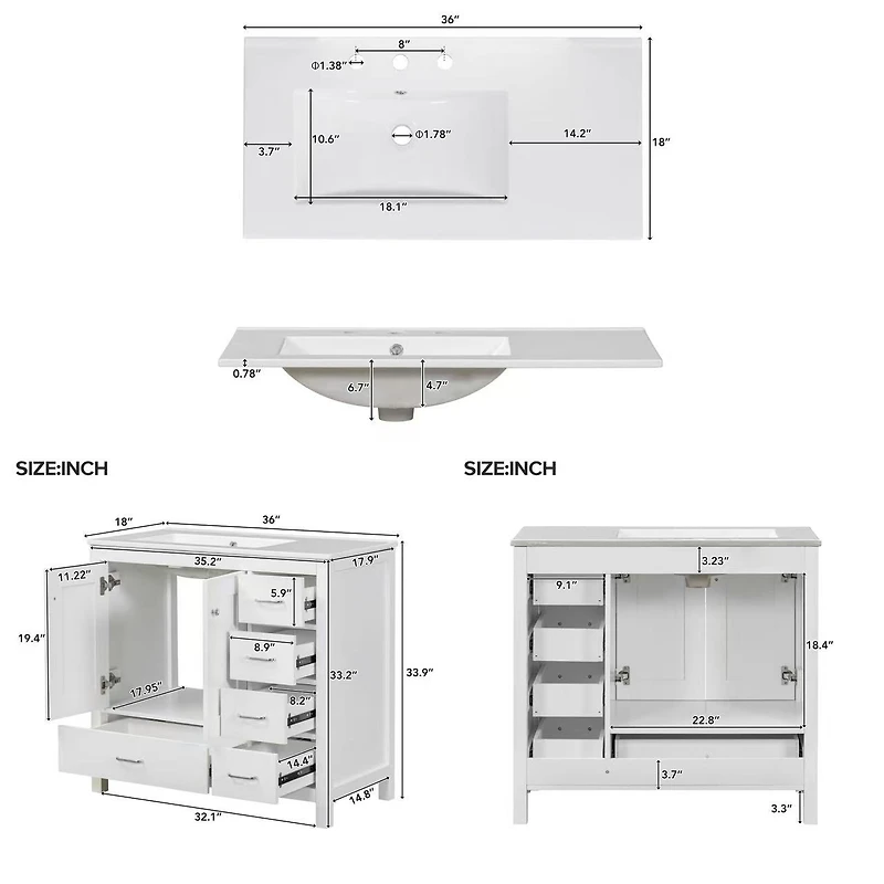 White Bathroom Vanity with Ceramic Sink - 36"