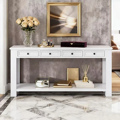Table console blanc antique avec 4 tiroirs et étagère
