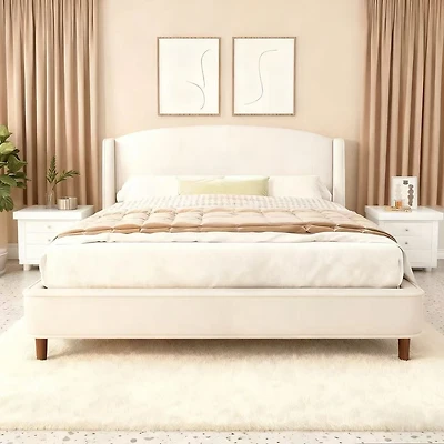 King Upholstered Platform Bed with Wingback Headboard – Beige