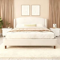 King Upholstered Platform Bed with Wingback Headboard – Beige