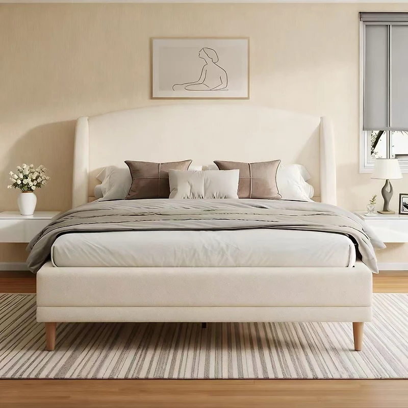 Lit Hazel rembourré en bouclé avec tête capitonnée – Grand, Blanc