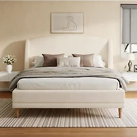 Lit Hazel rembourré en bouclé avec tête capitonnée – Grand, Blanc