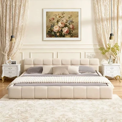 Elegant Beige Chenille Upholstered Bed with Checkerboard Headboard – King