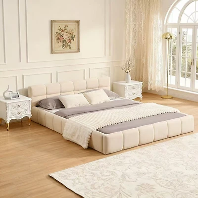 Elegant Beige Chenille Upholstered Bed with Checkerboard Headboard – Queen