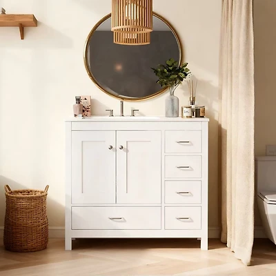 White Bathroom Vanity with Ceramic Sink - 36"