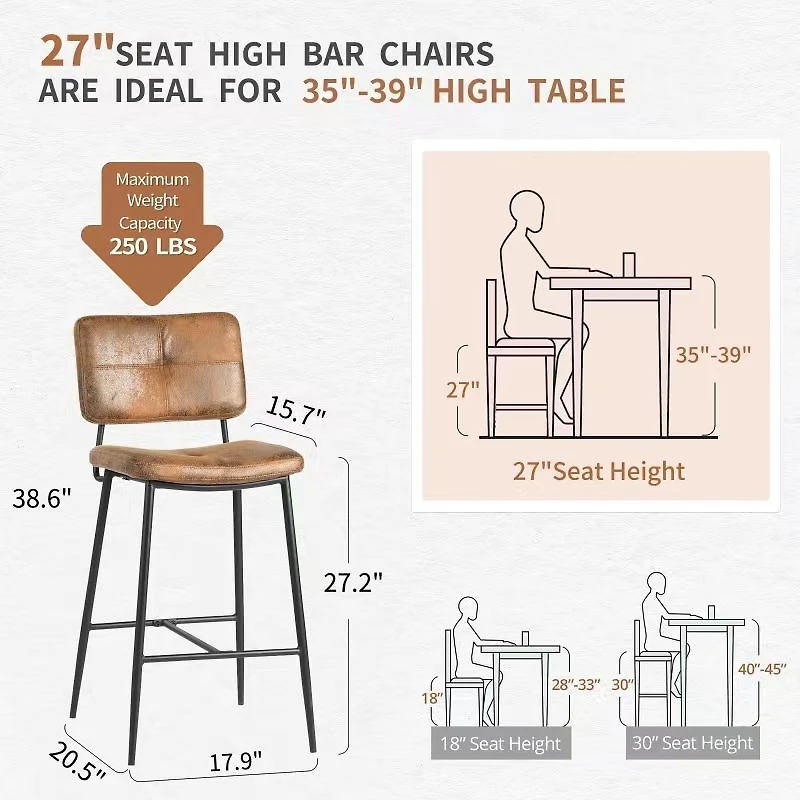 Ensemble de 2 tabourets de bar en suède brun, hauteur d’assise de 27,2 po