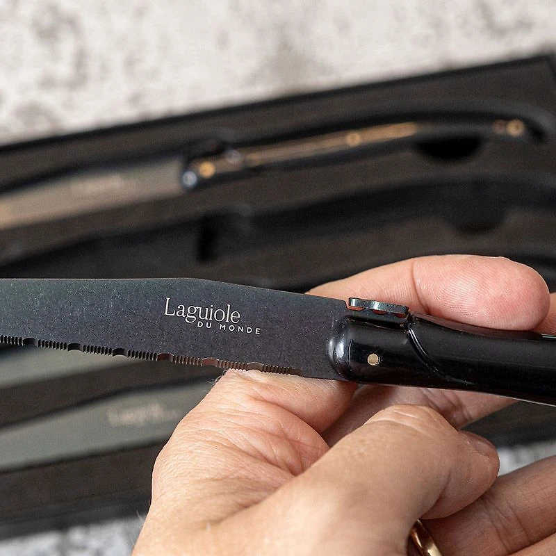 Set of 4 Black on Black Laguiole Du Monde Designer Steak Knives